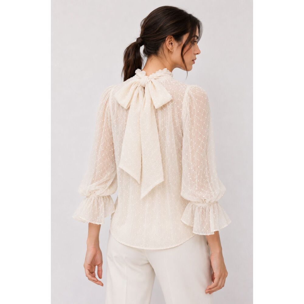 Zara Swiss Dot Medium Sheer Puff Sleeve Blouse Ecru L
